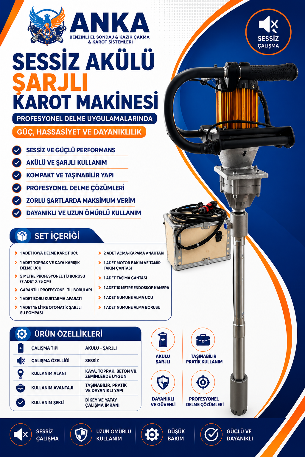 EKSTRA SESSİZ AKÜLÜ ŞARJLI KAROT EL SONDAJ MAKİNASI 5MT SET - Anka Hilti Karot