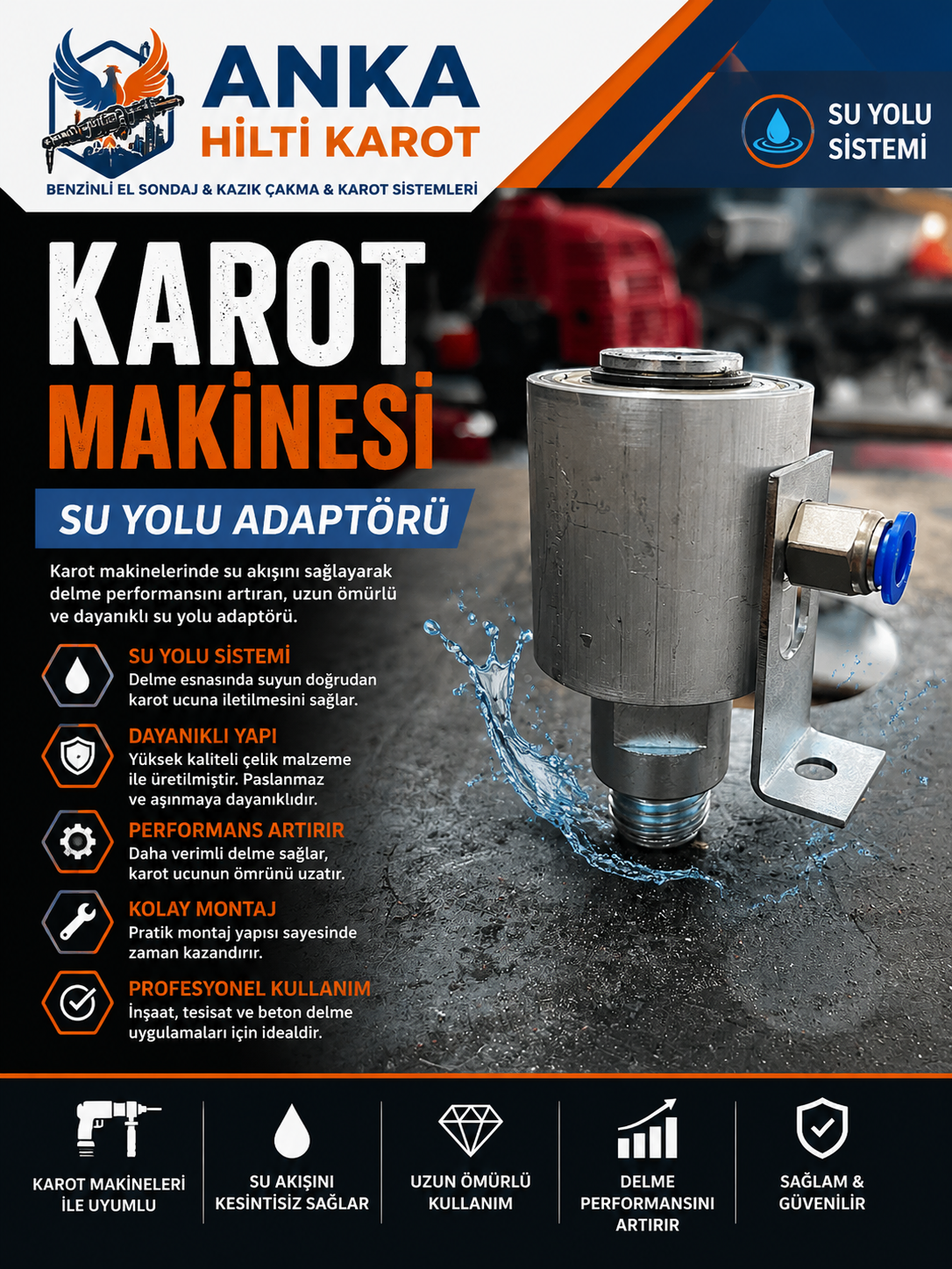 KAROT EL SONDAJ MAKİNESİ SU YOLU ADAPTÖRÜ - Anka Hilti Karot