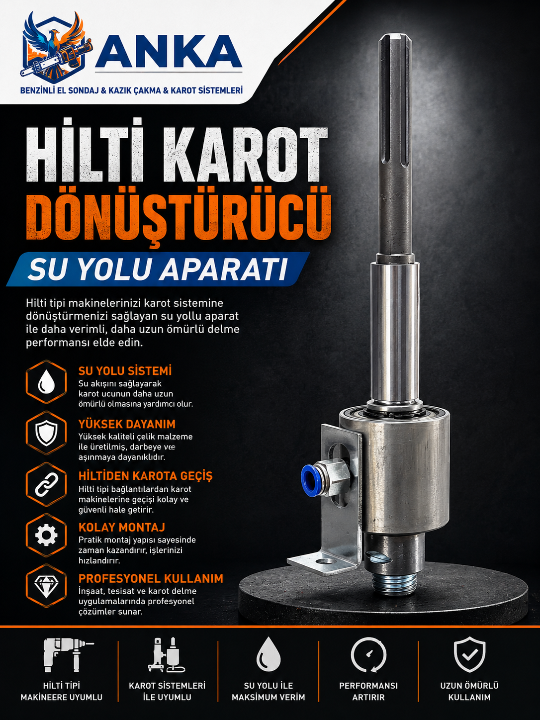 HİLTİDEN KAROTA GEÇİŞ ADAPTÖRÜ SU YOLU DÖNÜŞTÜRÜCÜ - Anka Hilti Karot